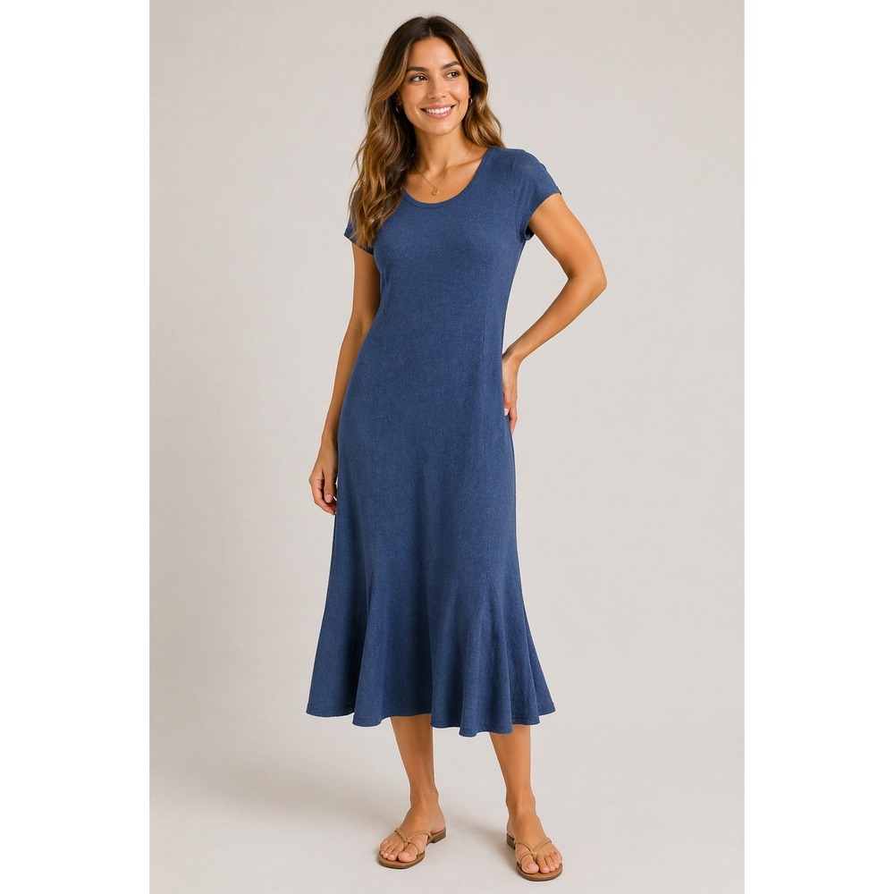 Polo Ralph Lauren Blue Cotton Ribbed Knit Flared Maxi Dress XL Short Sleeve